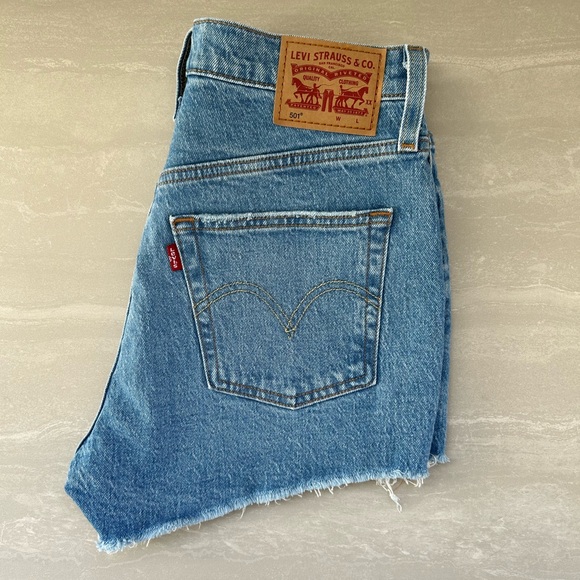 Levi's 501 Blue Jean Shorts with Frayed Hem - Picture 13 of 16